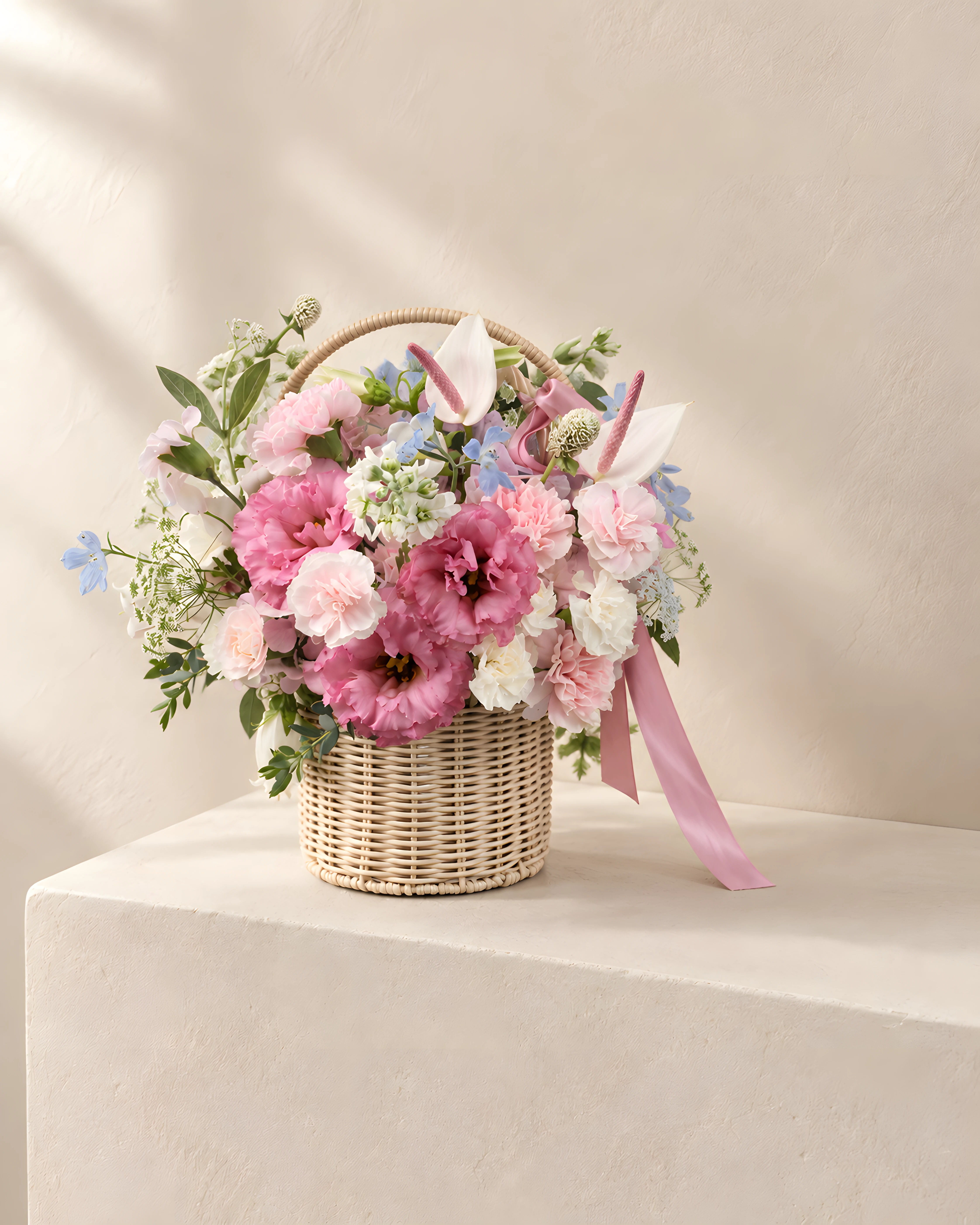 Blush pink and blue fresh flower basket
