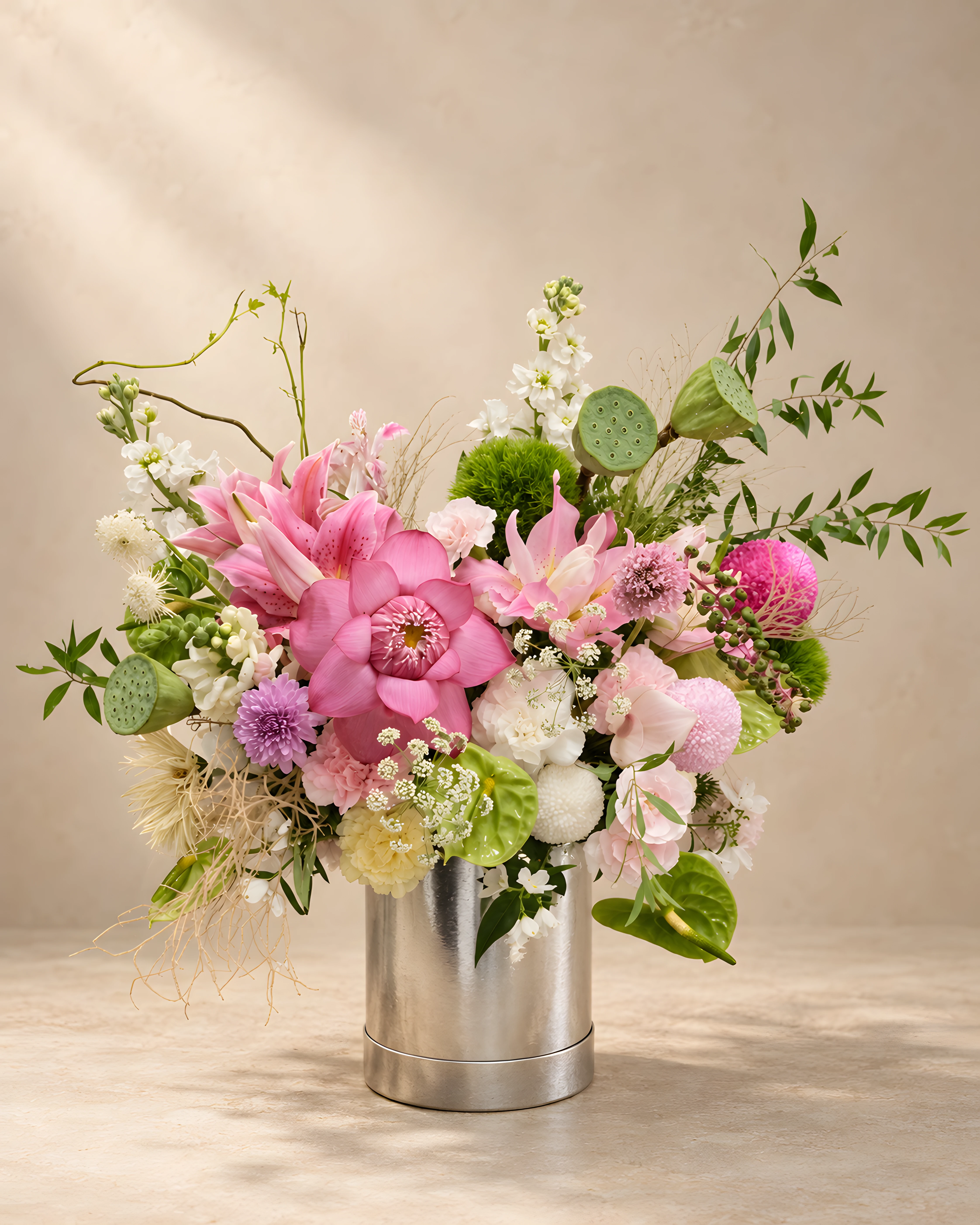 Pink, white and green JOIA fresh flowers arranged in a silver flower box