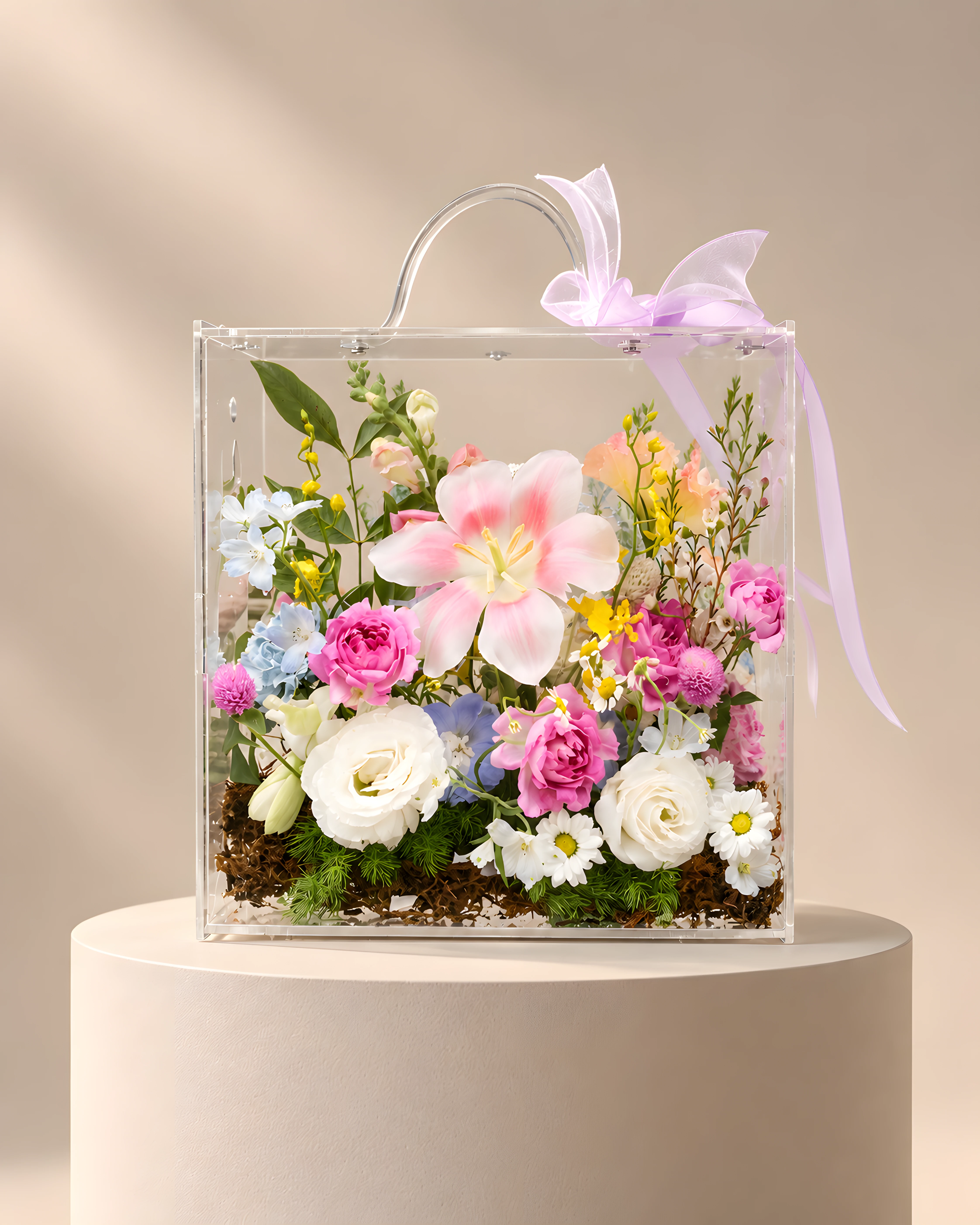 Fresh JOIA flower valise with pink, white and pale blue blooms