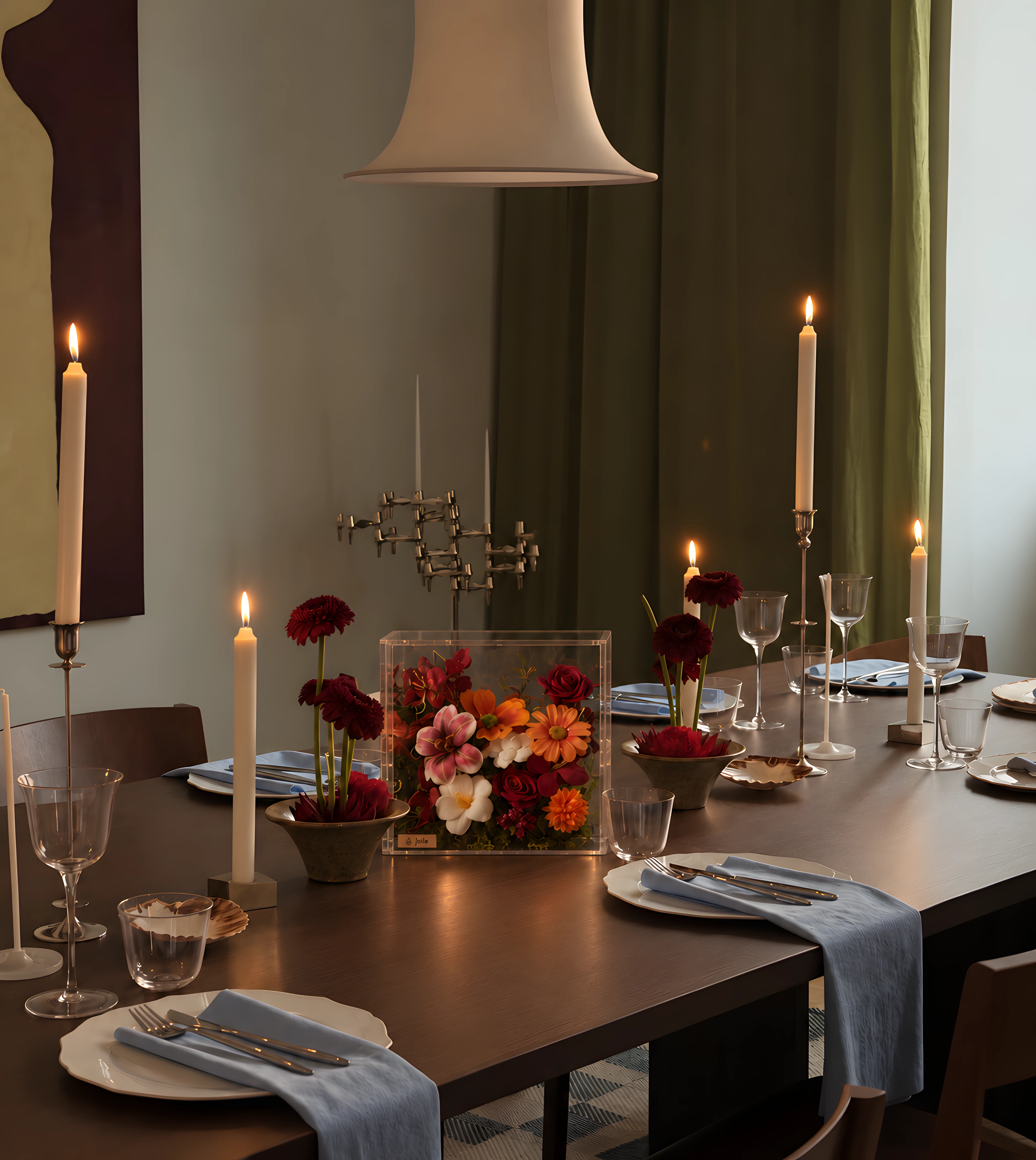 Candlelit table styled with a colorful JOIA flower valise