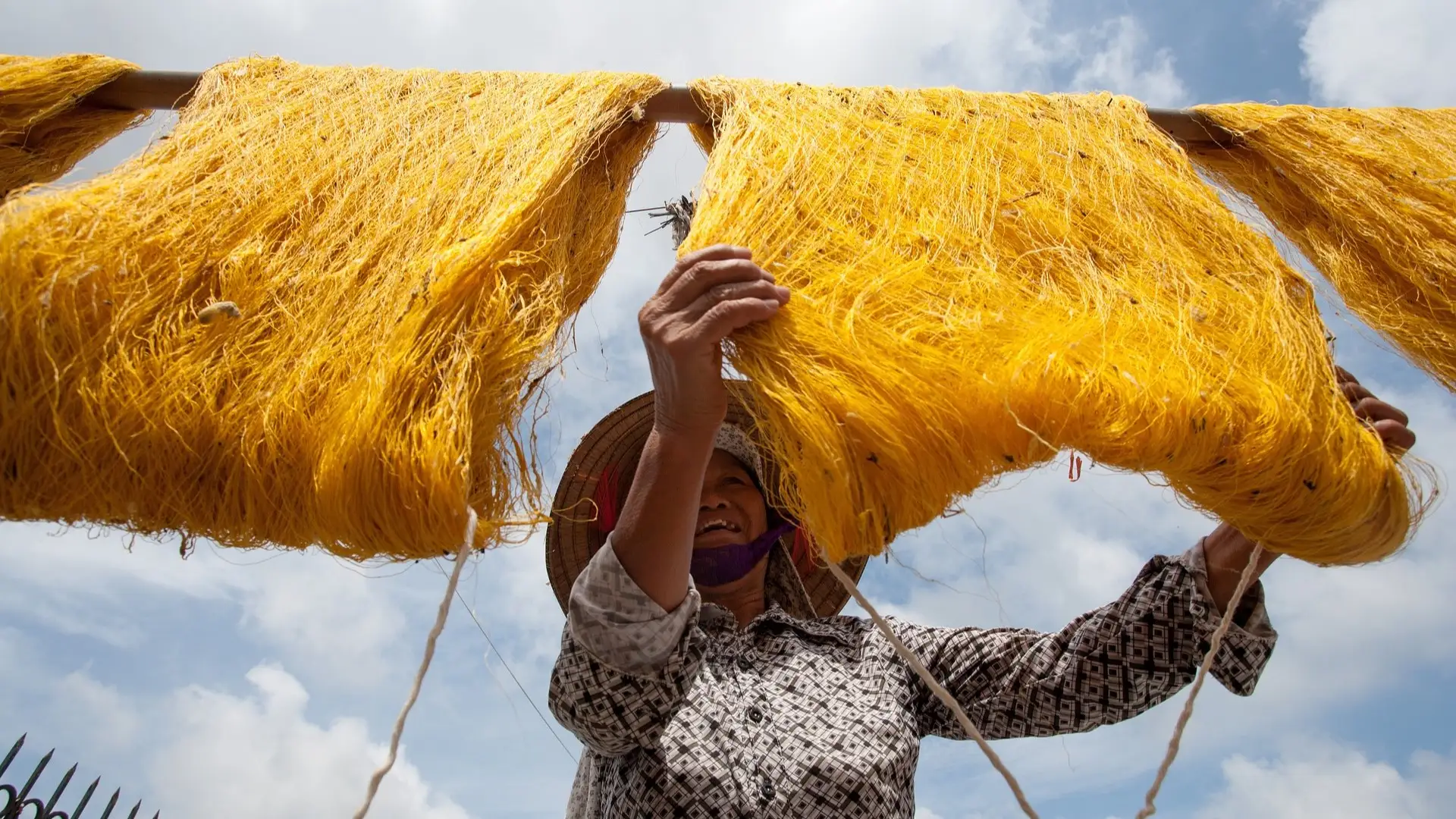 Silk fibers drying in the sun in Vietnam