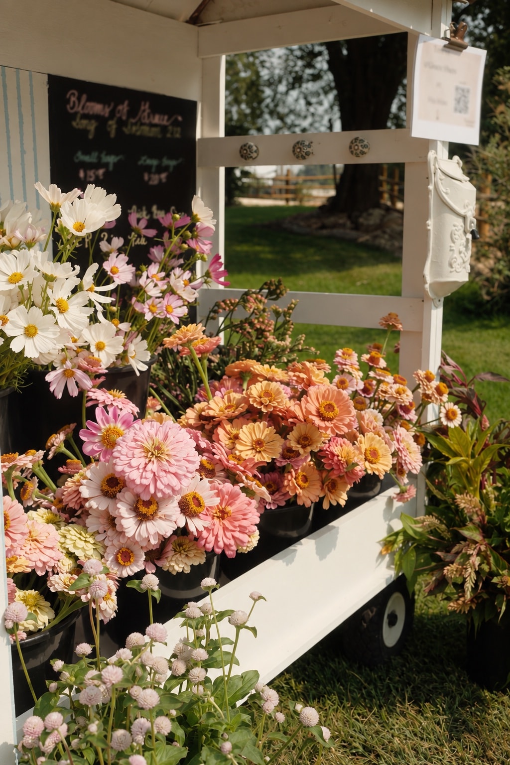 Fresh pink and white flowers at an outdoor flower stand