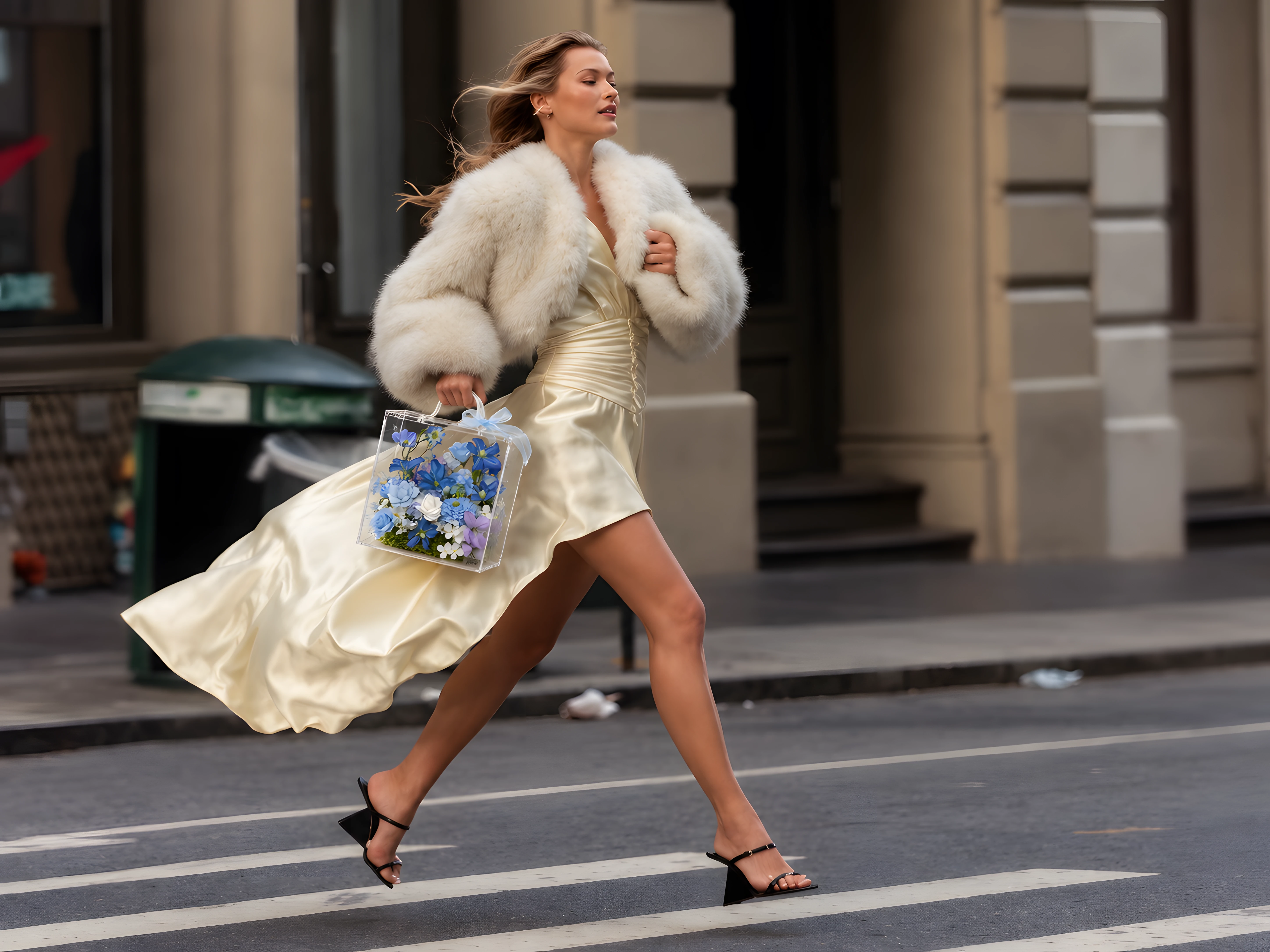 Woman in an ivory dress carrying a blue JOIA flower valise through the city